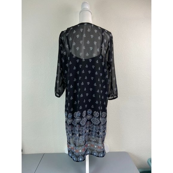 J. Jill women's medium black patterned 3/4‎ sleeve sheer overlay shift dress - Picture 6 of 7